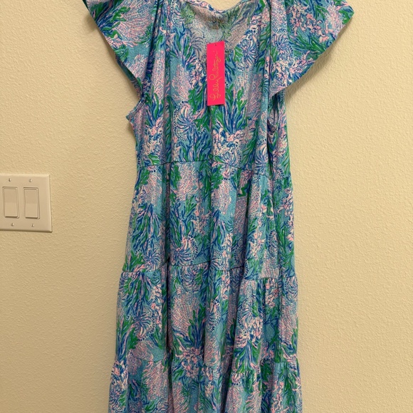 LILLY PULITZER KAWAI FLUTTER SLEEVE SWING DRESS LAS OLAS AQUA STRONG CURRENT SEA - Picture 1 of 5